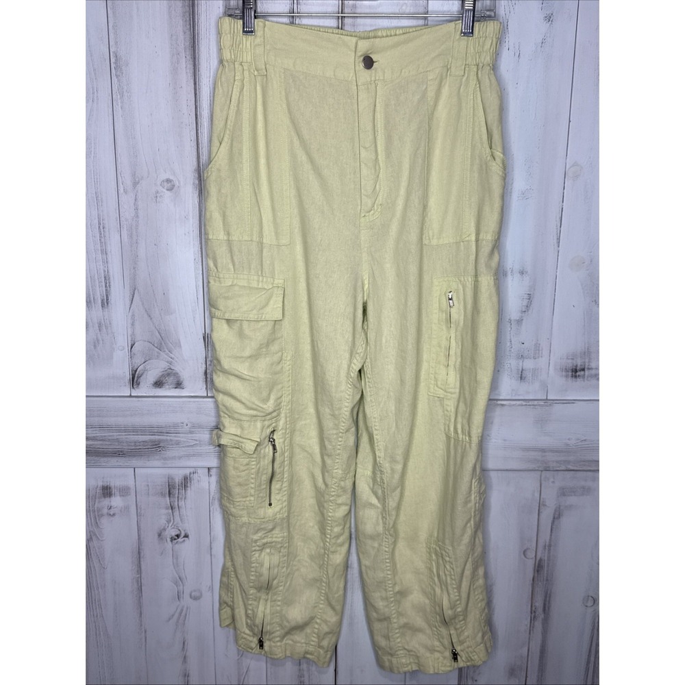 Urban Outfitters Myla Linen Viscose Cargo Pants Lime Green Wide Leg High Rise M